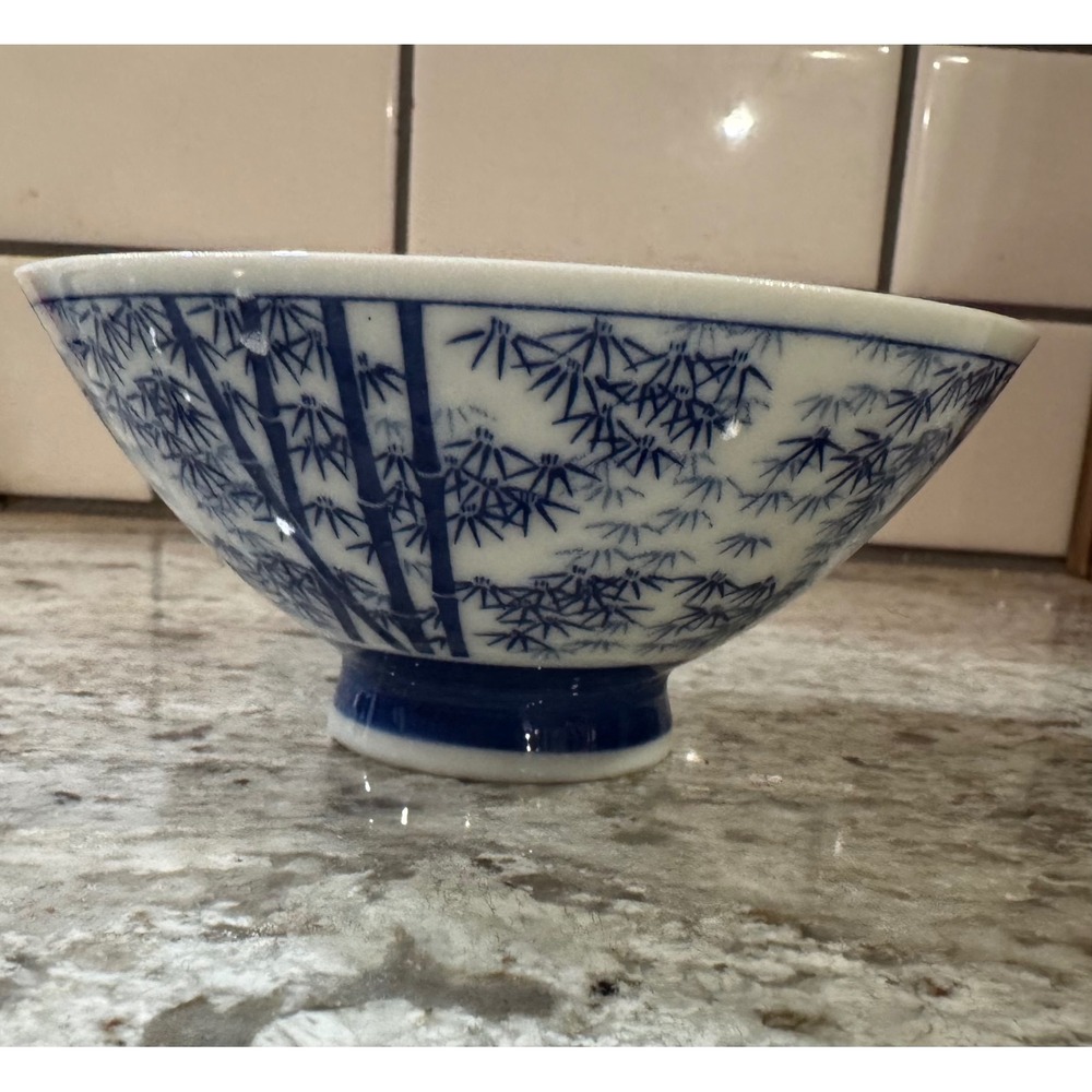 Blue White Porcelain Bamboo Rice Bowl Footed Asian Soup Bowl 4.5 Inch Diameter